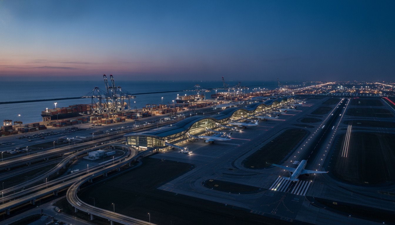 Internationale Expansion — globaler Logistik-Hub bei Dämmerung